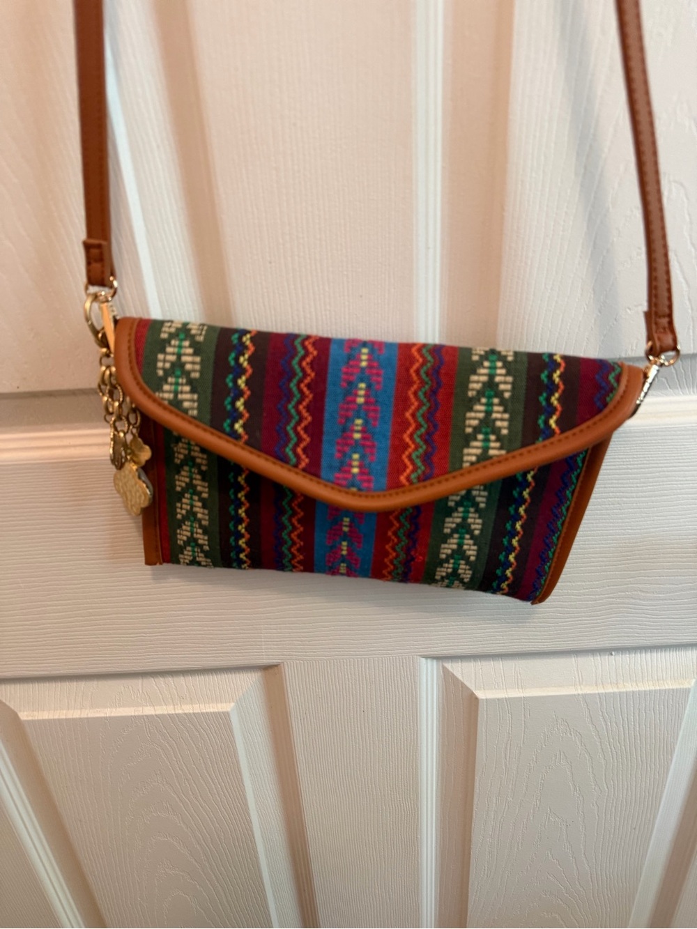 Boho Multi-Color Woven Crossbody Bag with Tan Trim